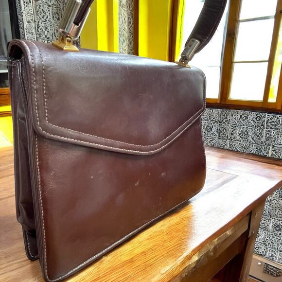 Vintage Morris Moskowitz Brown Leather Handbag Designer 50s 60s MCM Flap Close - Picture 14 of 15